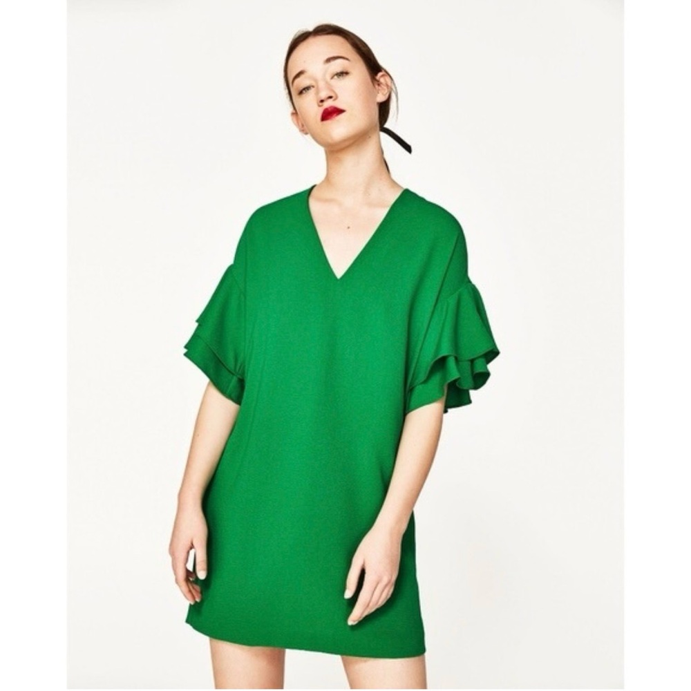 ZARA Green V-Neck Dress with Ruffle sleeves.
